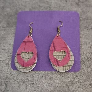 Hand Crafted Pink and Gray Heart Teardrop Earrings